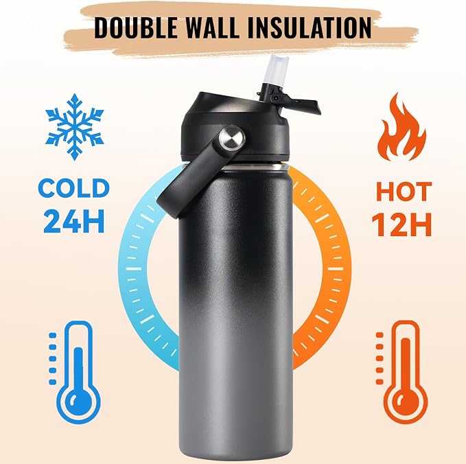 Fijinhom 18oz Insulated Stainless Steel Water Bottle, Wide Mouth Double Wall Vacuum, Silicone Straw, Sweat & Leak Proof, BPA Free Insulated Water Flask for Travel, Keep Cold 24h Hot 12h, Grey