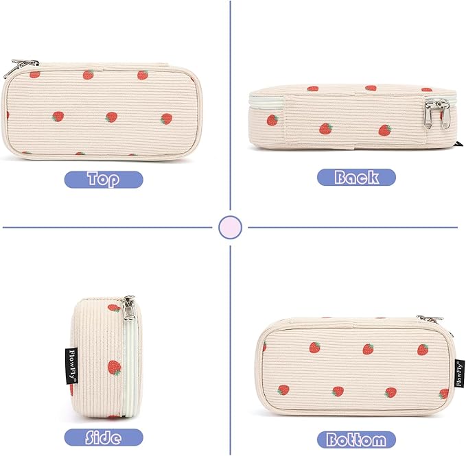 FlowFly Large Capacity Pencil Case for Kids, Boys & Girls – Zippered Multi-Functional Pen Pouch, Soft & Portable Pencil Bag for School, Teens, Students, Corduroy Strawberries Beige