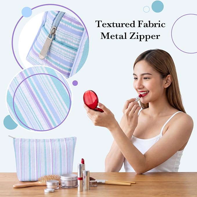 Huhumy 2 Pcs Striped Makeup Bag, Travel Toiletry Bag for Women, Aesthetic Cute Colorful Cosmetic Pouch, Seersucker Storage Organizer for Accessories, Essentials, Toiletries(Cyan Blue Purple)