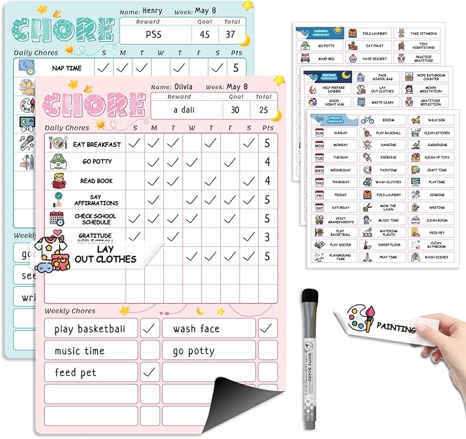 Magnetic Kids Chore Chart for 2 Kids Blue & Pink, Dry Erase Routine Chart for Kid Toddlers Teens Adult with Marker & Chore Stickers, Behavior Responsibility Chart for Kid at Home