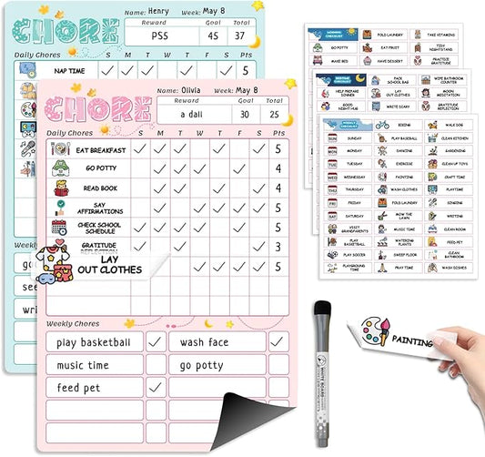 Magnetic Kids Chore Chart for 2 Kids Blue & Pink, Dry Erase Routine Chart for Kid Toddlers Teens Adult with Marker & Chore Stickers, Behavior Responsibility Chart for Kid at Home