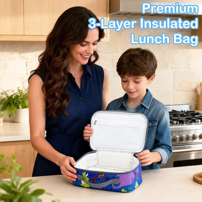 FlowFly Kids Lunch box Insulated Soft Bag Mini Cooler Back to School Thermal Meal Tote Kit for Girls, Boys, Dinosaur