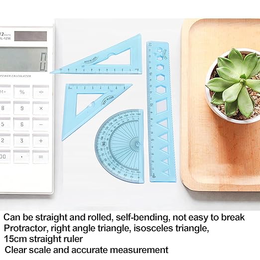 4 Pieces Math Geometry Tool Set Kids Transparent Angle Length Measuring Tools Geometry Set for Kids, Includes Plastic Clear Ruler, Protractor, Triangle for Architects, Engineers