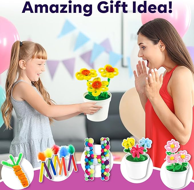 FUNZBO Arts and Crafts Supplies for Kids - Toddlers Craft Kit with Glitter Glue Stick, Pipe Cleaners, Pom Poms, Popsicle Sticks Tools, DIY School Supplies Kit, Birathday Gifts for Girls Boys Age 4+