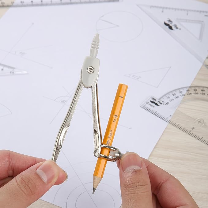Mr. Pen- Geometry Set, 13 pcs, 3 Metal Compasses, Protractor, 6" Ruler, 45° & 30°/60° Set Squares, Pencils, Lead Refills, Sharpener & Eraser for Math, Drafting & Classroom Use