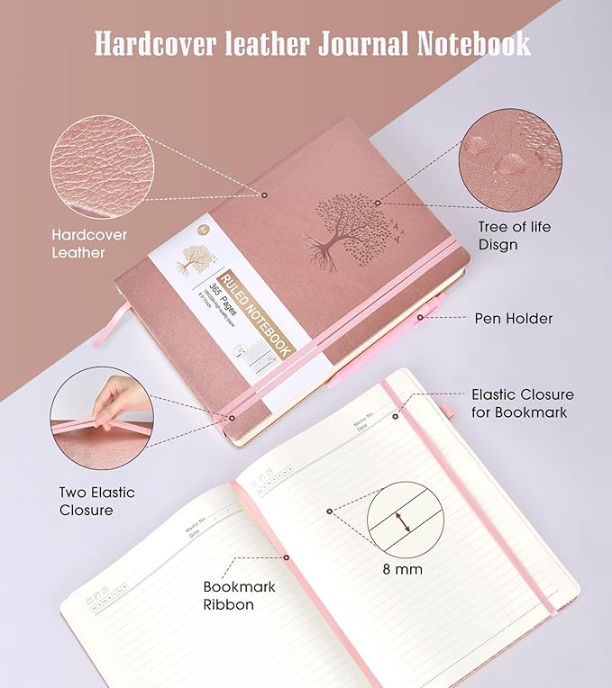 Lined Journal Notebook, 365 Pages A4 Large Journals for Writing Ruled Notebook, Pink Hardcover Leather Journals for Women Men,Notebook for Work, Note Taking, 100Gsm Thick Paper ( 8.5" x 11" Rose Gold)