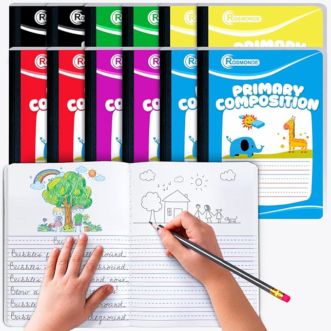 Rosmonde 12 Pack Primary Composition Notebook, 200 Pages (100 Sheets), Drawing and Writing Primary Journal, Grades K-2, With Header For Drawing, Hard Cover, Assorted Marble, Colors May Repeat