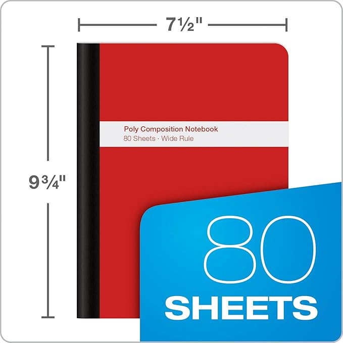 Oxford Poly Composition Notebook 4 Count(Pack of 1), Wide Ruled Paper, 9-3/4 x 7-1/2 Inches, 80 Sheets, Assorted Colors: Blue, Green, Purple, Red (64959)
