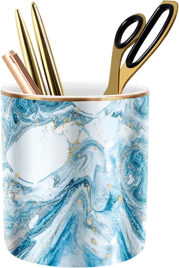 Pen Pencil Holder for Desk, Marble Desk Decor Organizer, Durable Ceramic Pencil Cup Holder Marble Design Makeup Cups for Brushes for Office, Classroom, Blue