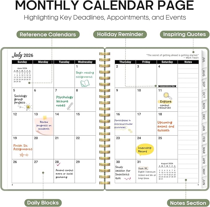 Planner 2026-2027, 6.3" x 8.5" Weekly and Monthly Academic Year Planner Calendar, July 2026 - June 2027, Hardcover Large School Planning Agenda With Tabs, Perfect for School & Office Supplies, A5, Green