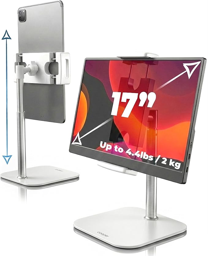 COOPER TabStand Mini, 10" Height Adjustable Tablet Stand, Ipad Stand for Desk, Portable Monitor Holder, Heavy Duty Grip, Tripod iPad Holder, Tablet Mount, for Samsung Tablets, Kindle eReaders (White)