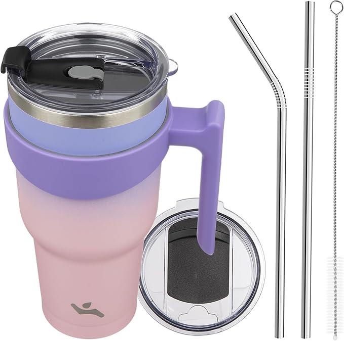 Konokyo 40 oz Tumbler with Handle and 2 Straw 2 Lid, Insulated Water Bottle Stainless Steel Vacuum Cup Reusable Travel Mug,Pastel Sunset
