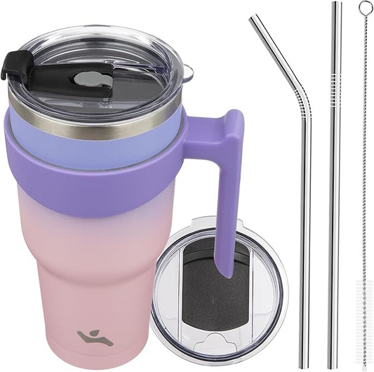 Konokyo 40 oz Tumbler with Handle and 2 Straw 2 Lid, Insulated Water Bottle Stainless Steel Vacuum Cup Reusable Travel Mug,Pastel Sunset