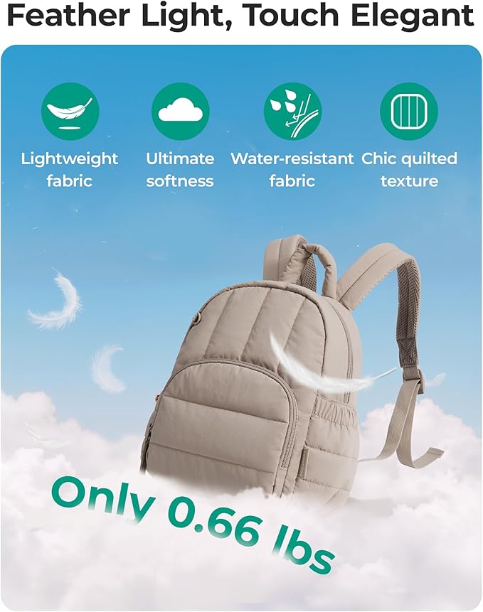 BAGSMART Mini Backpack for Women, Lightweight Puffer Small Backpack Purse, Quilted Casual Travel Daypack, Cute Water-Resistant Bookbag for Daily, Beige