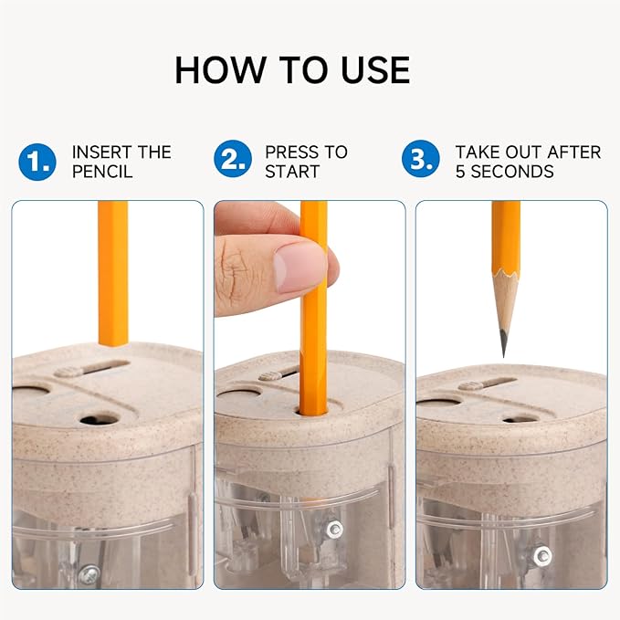 Eagle Electric Pencil Sharpener, Battery or USB Operated, Dual Holes, Dual Blades, fit for Pencils of Size 6-8mm and 9-12mm (Stramineous)