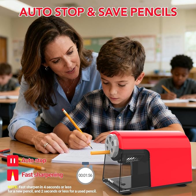 AFMAT Electric Pencil Sharpener Heavy Duty, 6 Holes, Cordless & Rechargeable, Fast Sharpen, Auto Stop, 10K+ Uses, Classroom Pencil Sharpener for 6-11mm No.2/Large/Colored Pencils PSD2(Red)