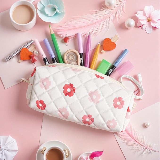 Cute Quilted Pencil Case for Girls Women, Aesthetic Small Floral Pencil Pouch,Slim Soft Pencil Bag for School Supplies Makeup Pouch for School & Daily Use (Big Pink Floral)