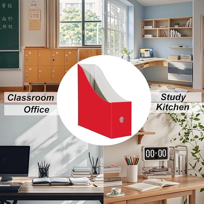 Limitliho 6 Pack Cardboard Magazine Holder for Desk, Book Bins for Classroom Library,Office,Home, 10.6" H x 10.2" L x 3.5" W in Magazine File Holder (Red)