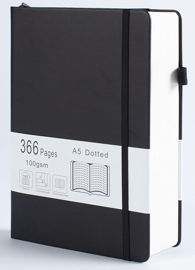 Thick Bullet Notebook with 366 Numbered Pages, A5 Dotted Journal for Writing with 100GSM Dot Grid Paper, Hardcover Leather Notebooks for Women Men School Note Taking Office Work Diary, 5.7"x8.3" Black