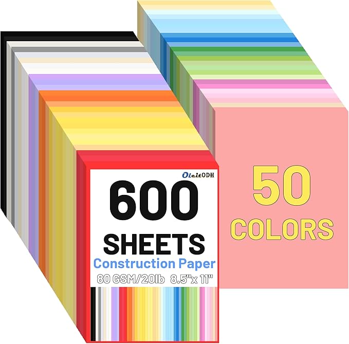 600 Sheets 8.5" X 11" Construction Paper, 50 Colors Paper - 80GSM Cardstock Colored Paper for Printing, Layering, Embossing - DIY Art Supplies for Cards, Invitations, School Projects