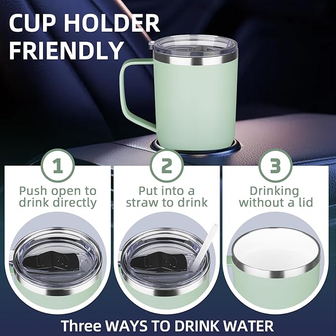 20 oz Insulated Coffee Mug with Ceramic Coating, Stainless Steel Travel Mug Tumbler with Handle Lid and Straw, Double Wall Leak-Proof Coffee Travel Mug Keeps Drink Hot and Cold (Matcha)