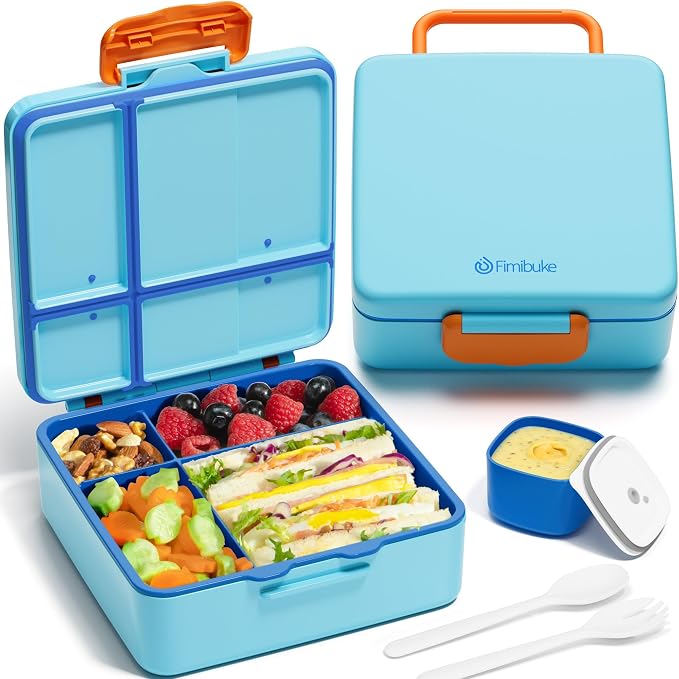 Fimibuke Bento Lunch Box for Kids, Toddler Bento Box with 4 Compartments | Leak Proof BPA Free Dishwasher Safe Lunch Container with Utensils, Ideal Portion Sizes for Ages 3-12 Girls Boys for School