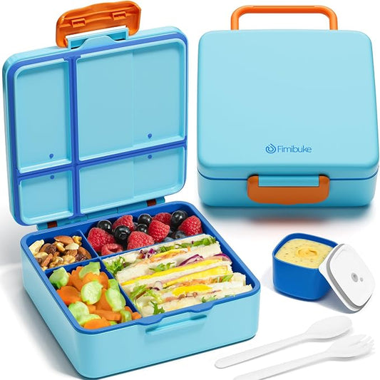 Fimibuke Bento Lunch Box for Kids, Toddler Bento Box with 4 Compartments | Leak Proof BPA Free Dishwasher Safe Lunch Container with Utensils, Ideal Portion Sizes for Ages 3-12 Girls Boys for School