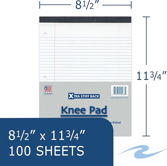 ROARING SPRING Knee Pad College Ruled Extra Stiff Back Legal Writing Pad, 3 Hole Punched, 8.5 x 11.75 100 Sheets, White (Pack of 5)