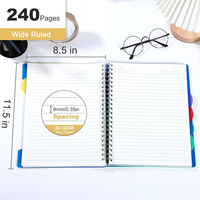 CAGIE 5 Subject Notebook with Dividers, A4 Spiral Notebook 8.5 x 11, 240 Pages Wide Ruled Notebook College Ruled, Large Hardcover Notebook for Note Taking for Work, School, Office, Blue