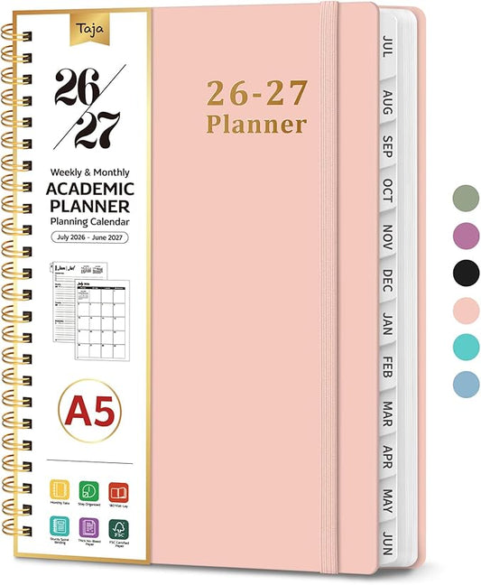 Planner 2026-2027, 6.3" x 8.5" Weekly and Monthly Academic Year Planner Calendar, July 2026 - June 2027, Hardcover Large School Planning Agenda With Tabs, Perfect for School & Office Supplies, A5, Pink