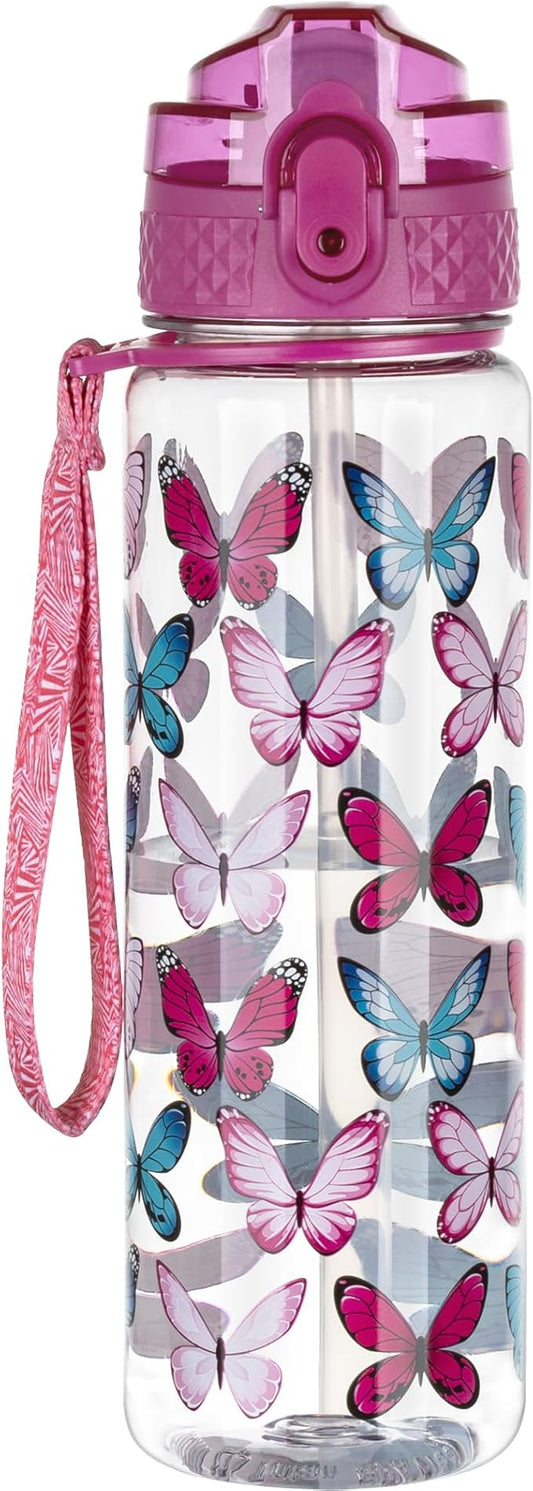 OLDLEY 17oz Kids Water Bottle, Tritan BPA-Free, Leakproof Flip Straw Lid, Motivational Time Marker, Carry Strap, Reusable Clear Water Bottle for Boys & Girls,Colorblock Butterflies
