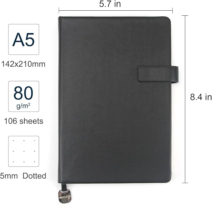 A5 Hard Cover Notebook with Pen Holder, Gold Edges & 180° Lay Flat - Large 5.7x8.4 Dot Grid, Bookmark, Gift Box - Durable Journal for Office, Study, Travel - Writers, Students(Black)
