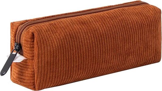 Corduroy Pencil Case for Girls Kids Large Capacity Aesthetic Pen Pouch Makeup Bag Cosmetic Organizer Cute Stationery Storage Bag for School Office Travel Minimalist Pencil Box (Brown)