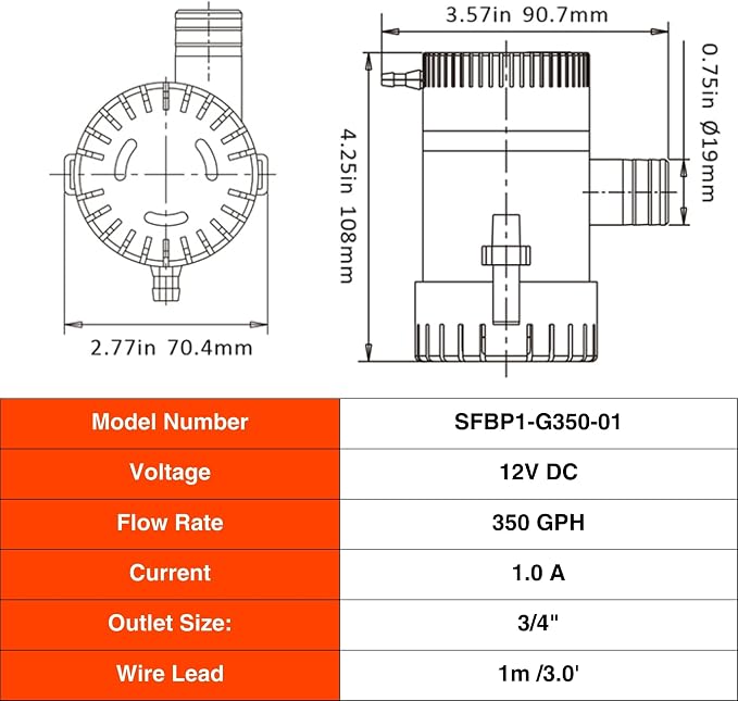 SEAFLO 01 Series 350 GPH Bilge Pump – 12V, 3/4" Outlet, Marine Submersible Pump with Anti-Airlock Protection, CE & Rohs Certified, 4-Year Warranty | Reliable for Boats and Marine Applications