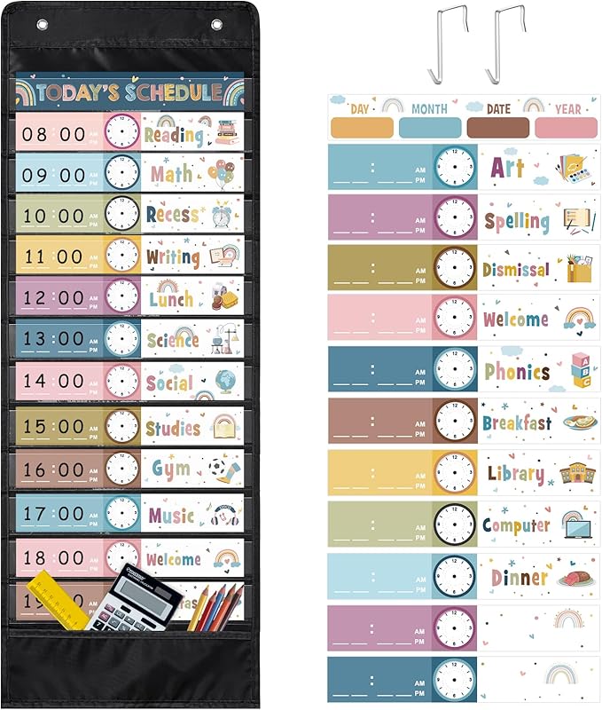 Boho Daily Schedule Pocket Chart for Classroom, 13+1 Pockets with 42 Designed Schedule Cards, Black Classroom Kids Daily Schedule Pocket Chart for Home Office Back to School Classroom Decorations