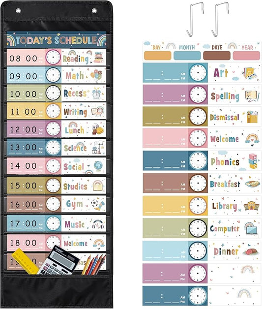 Boho Daily Schedule Pocket Chart for Classroom, 13+1 Pockets with 42 Designed Schedule Cards, Black Classroom Kids Daily Schedule Pocket Chart for Home Office Back to School Classroom Decorations