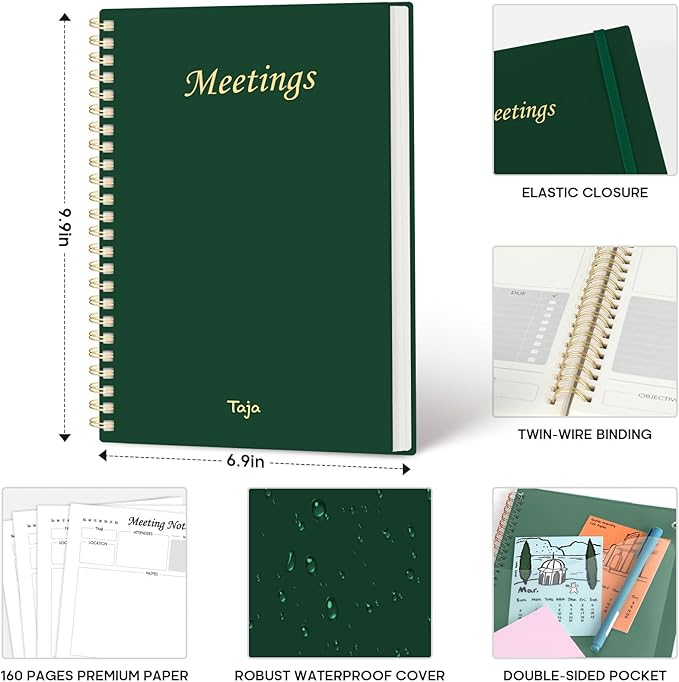 Meeting Notebook for Work Organization - Work Planner Notebook with Action Items, Agenda Planner for Note Taking, 160 Pages (6.9" X 9.9") Project Organizer for Men & Women - Dark Green