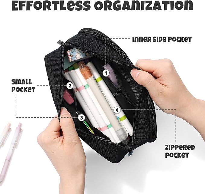 SUNEE Pencil Case, Large Capacity Pencil Pouch, Extra Big Pencil Bag with 6 Compartments, 900D Oxford Pencil Box for Office Stationery Organizer, School Supplies for Teen Boys Girls Women Men, Black