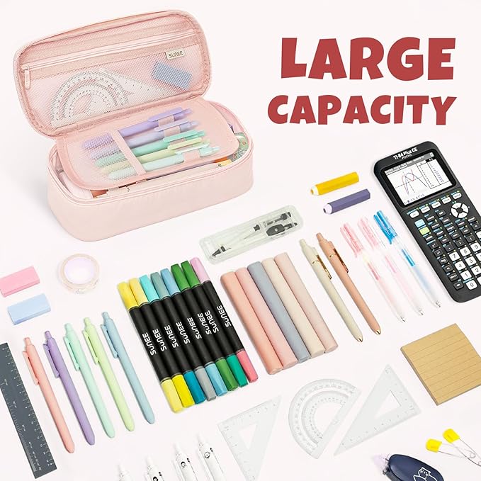 SUNEE Cute Pencil Case, Large Capacity Pencil Pouch, Big Storage Organizer for Stationery, Zipper Pen Bag,Back to School Supplies,Office Water-Repellent Nylon Pencil Bag for Teen Girls Boys,Light Pink