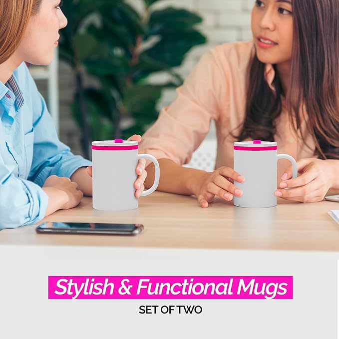 Copco Iconic 16oz Double Wall Insulated Desk Mug with Lid and Handle, Set of 2, BPA-Free Reusable Plastic, Spill-Resistant, Microwave & Dishwasher Safe, Wide Mouth (Pink)