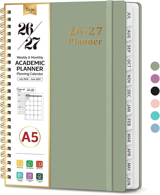 Planner 2026-2027, 6.3" x 8.5" Weekly and Monthly Academic Year Planner Calendar, July 2026 - June 2027, Hardcover Large School Planning Agenda With Tabs, Perfect for School & Office Supplies, A5, Green