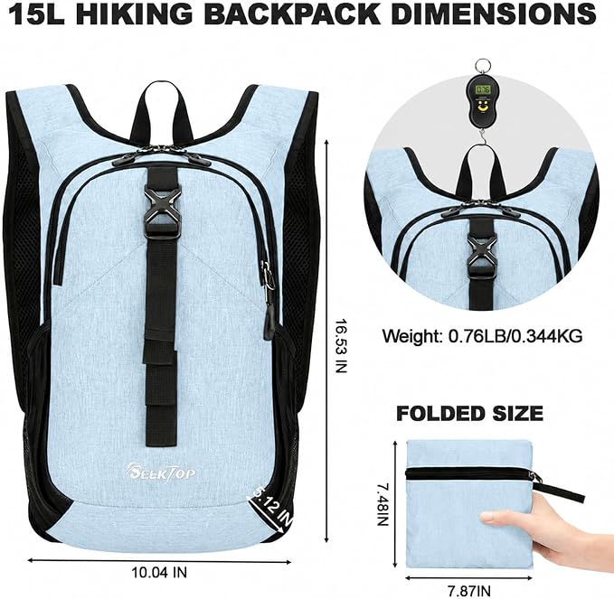 Seektop 15L Small Hiking Backpack for Women Men, Lightweight Hiking Daypack | Water Resistant, Foldable Packable Back Pack with Phone Pocket for Travel Camping Outdoor