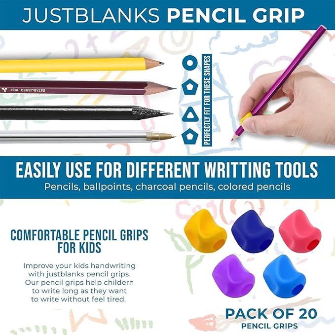 JustBlanks 20 Pcs Pencil Grips for Kids Handwriting - Pencil Grippers Writing Tool, Pencil Holder for Kids, Writing Posture Correction Tools for Toddlers, Preschoolers Needs for Classroom