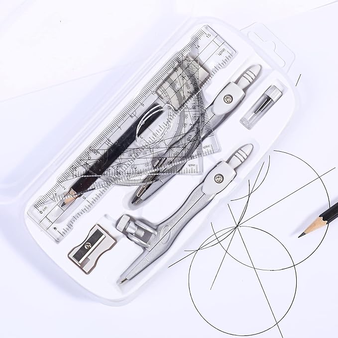 Unjoo Math Geometry Kit Sets 10 Piece Student Supplies with Shatterproof Storage Box,Includes Rulers,Protractor,Compass,Eraser,Pencil Sharpener,Lead Refills,Pencil,for Drafting and Drawings（Grey）