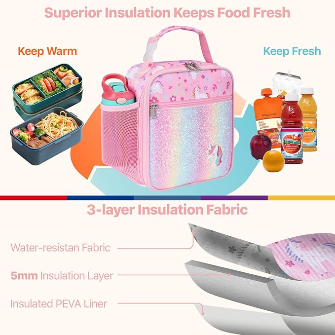 Bagseri Kids Lunch Bag with Shoulder Strap - Insulated Crossbody Girls Lunch Box for School & Travel, Reusable Large Meal Tote with Bottle Holder, Fits Bento Box, Pink Unicorn