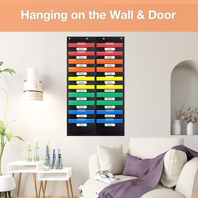Opret 20 Pockets Storage Pocket Chart with 20 Nametag Pockets, Hanging Wall File Organizer for File Folders with 4 Hangers for Classroom, Office, School Mailbox Organizer and Home (Black)