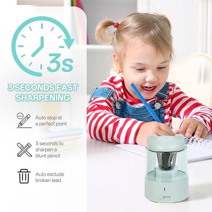 Electric Pencil Sharpener, Auto Stop Fast Sharpen in 3s, Battery Powered Pencil Sharpeners for No.2 & 6-8mm Colored Pencils, Cute Rechargeable Pencil Sharpener for Classroom/Office/Home (Green)