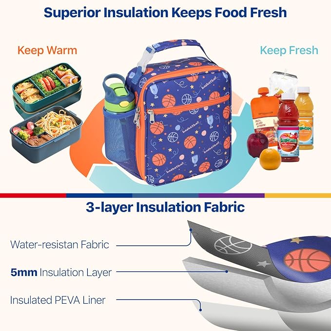 Bagseri Kids Lunch Box for Boys - Insulated Toddler Lunch Bag Fits Bento Box, Reusable Daycare Cooler Tote with Clip Handle, Water-Resistant Lining, Blue Basketball