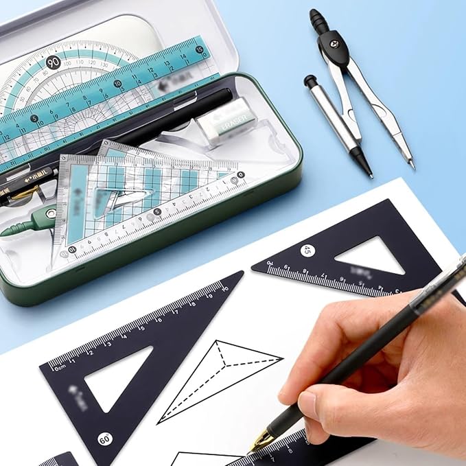 AMONG Drafting Kits Math Geometry Kit Set, 8 Pieces, with Storage Box, Student Supplies Drawing Compasses, Including Protractor, Ruler, Compass, Refill, Pen, Eraser Geometry Tool Set (Color : B)
