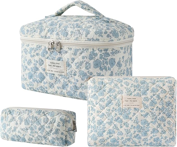 uekeboag Large Travel Quilted Makeup Bag for Women | Soft Floral Cotton Cosmetic Bag, Foldable Coquette Aesthetic Toiletry Organizer